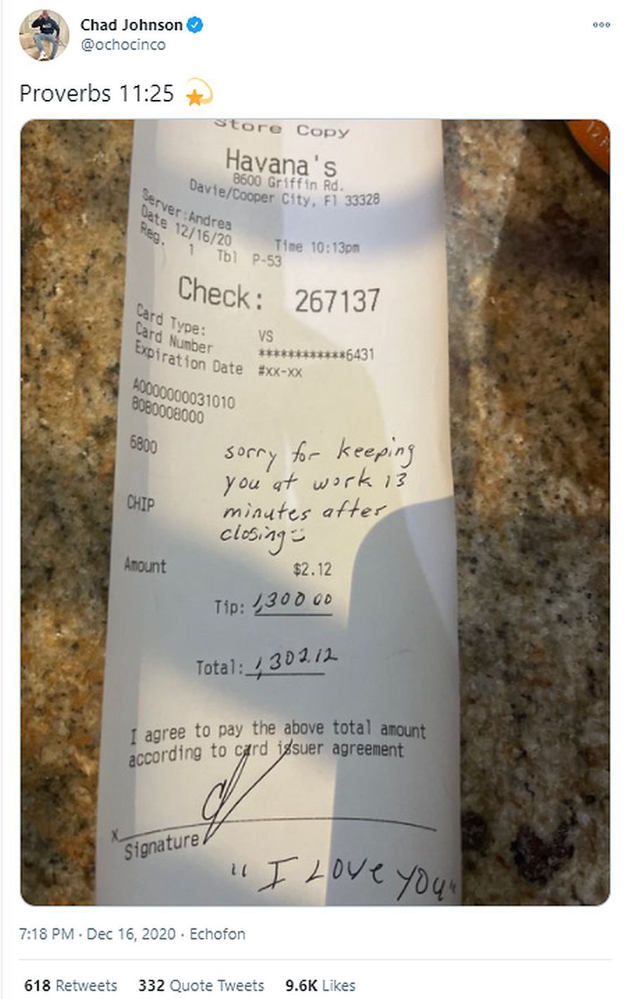 Chad Johnson’s Dinner Bill Tip Raises Eyebrows (Photo) 1