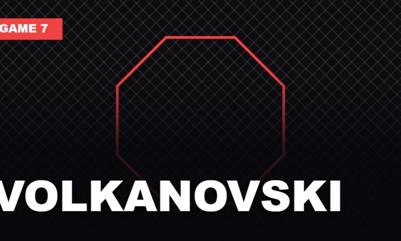 Game 7 graphic with the headline VOLKANOVSKI over an illustrated cage and octagon