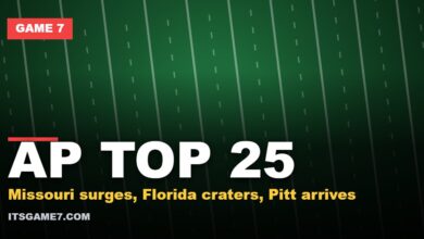 AP TOP 25. Missouri surges, Florida craters, Pitt arrives. Game 7 graphic.