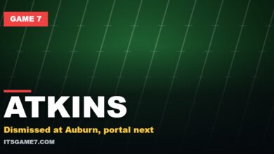 Game 7 featured graphic reading ATKINS with the subline: Dismissed at Auburn, portal next