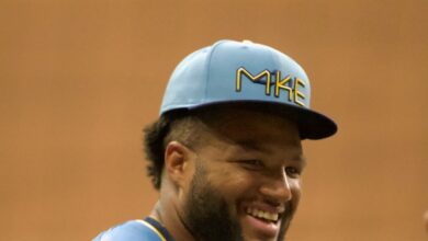 Jackson Chourio of the Milwaukee Brewers wearing an MKE cap