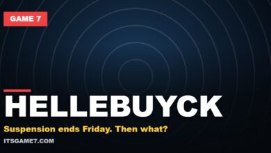 Game 7 featured graphic reading HELLEBUYCK with the subline: Suspension ends Friday. Then what?