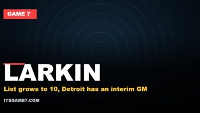 Game 7 graphic for Dylan Larkin expanding his approved trade list to 10 teams as the Detroit Red Wings search for a permanent executive