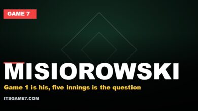 Game 7 graphic for Jacob Misiorowski being named the Milwaukee Brewers World Series Game 1 starter against the Tampa Bay Rays