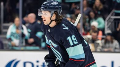 Jared McCann of the Seattle Kraken on the ice during a 2023 home game