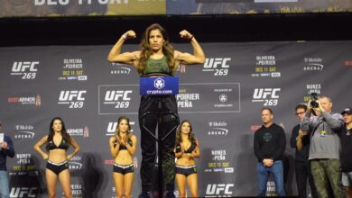Julianna Peña at a UFC ceremonial weigh-in