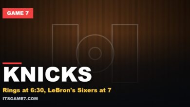 Game 7 featured graphic reading KNICKS with the subline: Rings at 6:30, LeBron's Sixers at 7