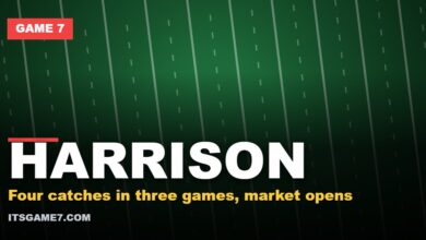 HARRISON. Four catches in three games, market opens. Game 7 graphic.