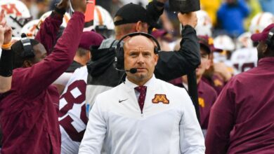 P.J. Fleck, head coach of the Minnesota Golden Gophers, on the sideline