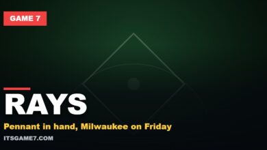 Game 7 featured graphic reading RAYS with the subline: Pennant in hand, Milwaukee on Friday