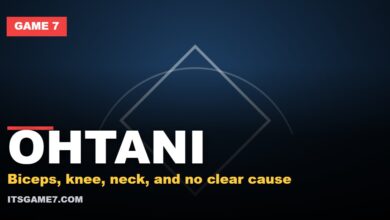 OHTANI. Biceps, knee, neck, and no clear cause. Game 7 graphic.
