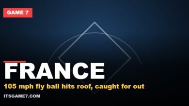 FRANCE. 105 mph fly ball hits roof, caught for out. Game 7 graphic.